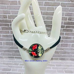 Handmade - Floral Black Leather Adjustable Bracelet